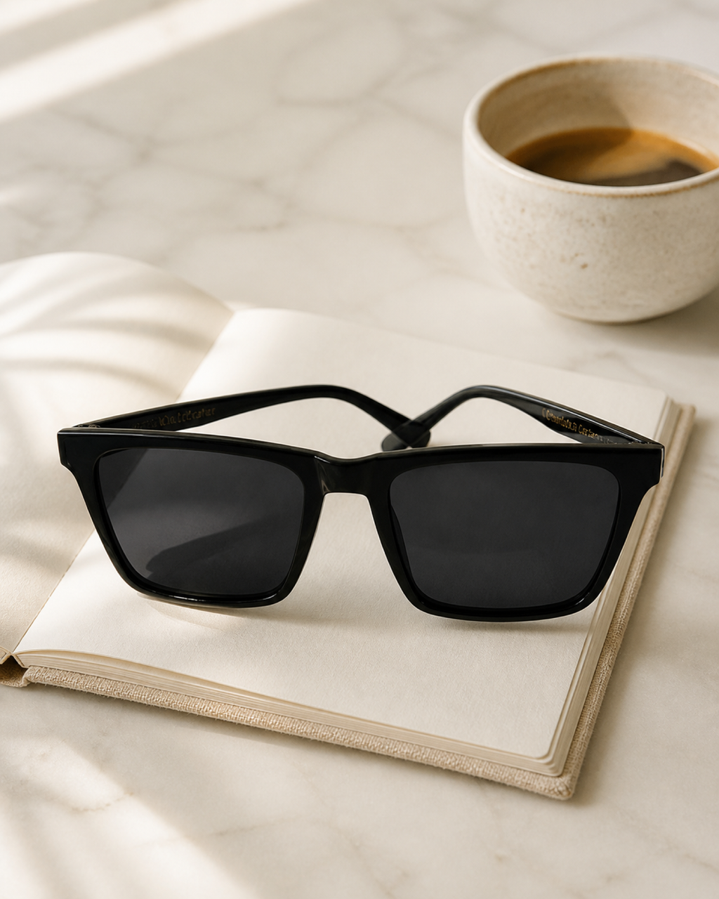 The Carter sunglasses flat-lay on notebook with espresso