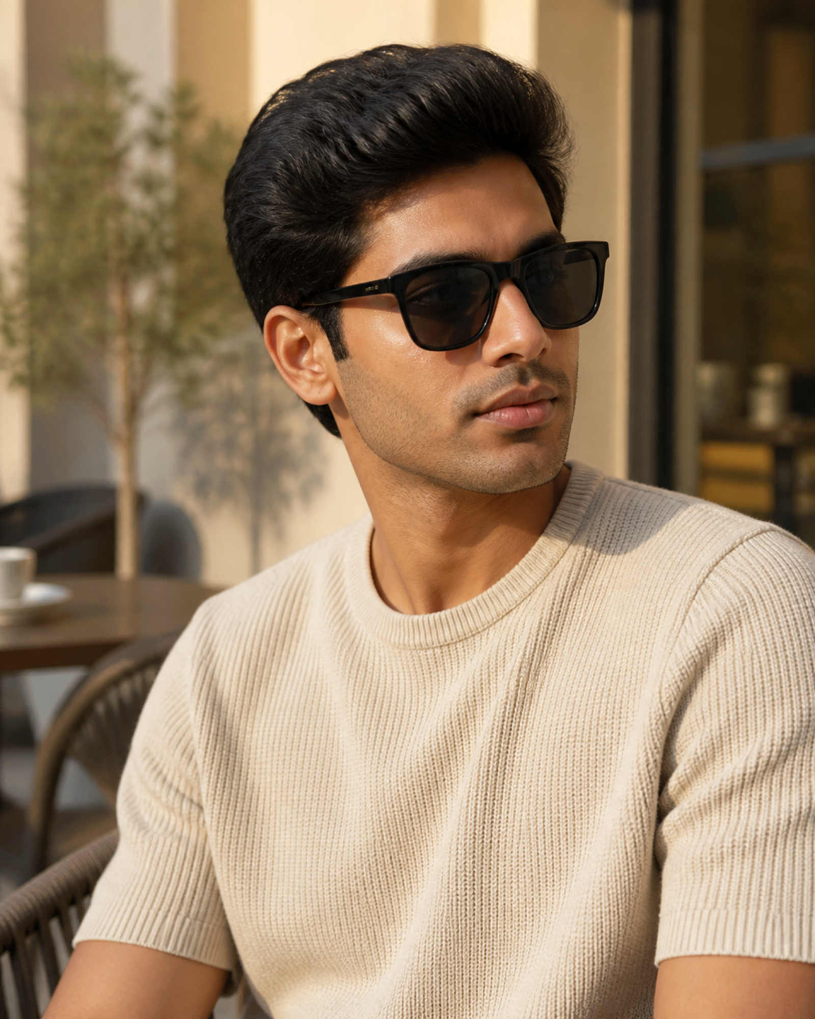 Man wearing The Carter black square sunglasses